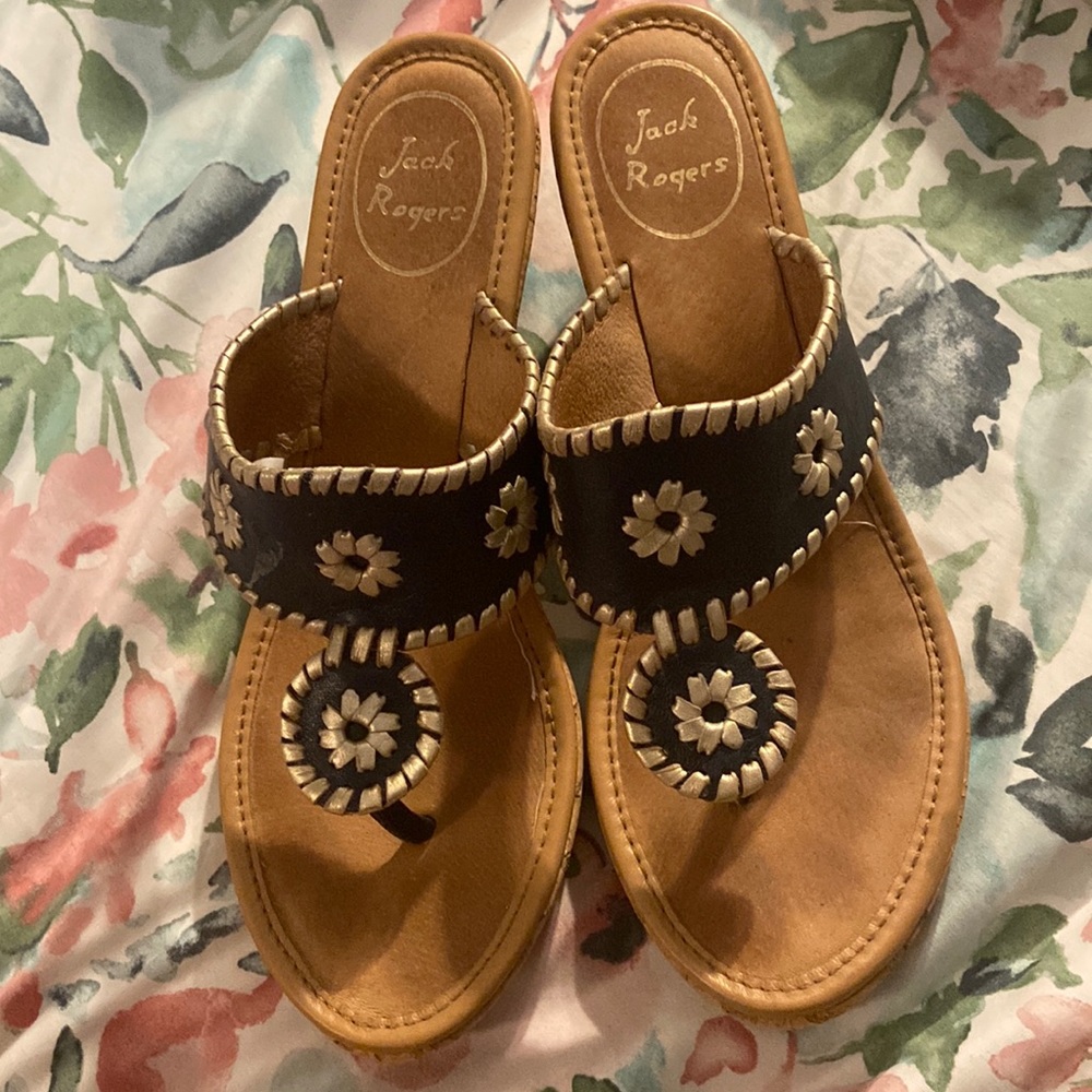 Jack rogers navy and gold wedges